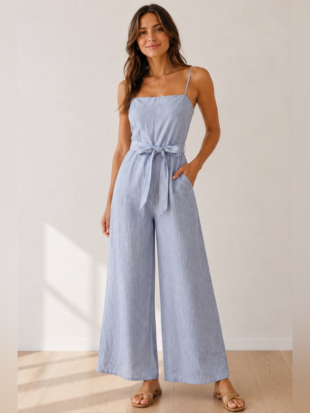 Banana Republic Linen blend Jumpsuit Blue Tie Waist Size 0‎